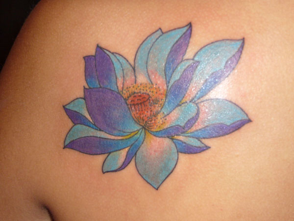 blue and purple lotus tattoo by Jennifer Overbury