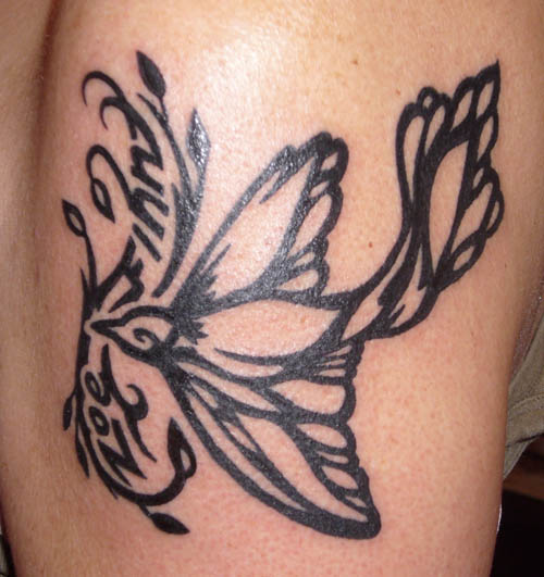 tribal bird with names tattoo by Jennifer Overbury